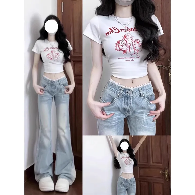 Jeans micro queimados com emenda de renda leve feminino fino verão solto emagrecimento drapeado até o chão sino bot casual cintura alta...