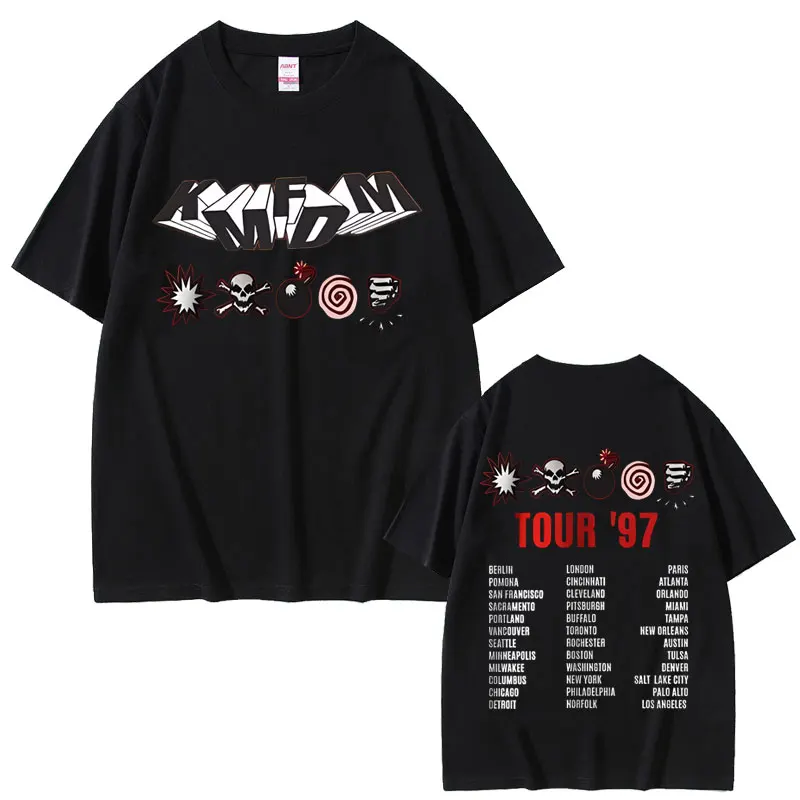 Summer Men's and Women's Retro Gothic Punk Street Wear Casual Cotton T-shirt Rock Band Kmfdm Tour 97 Pattern Printed T-shirt