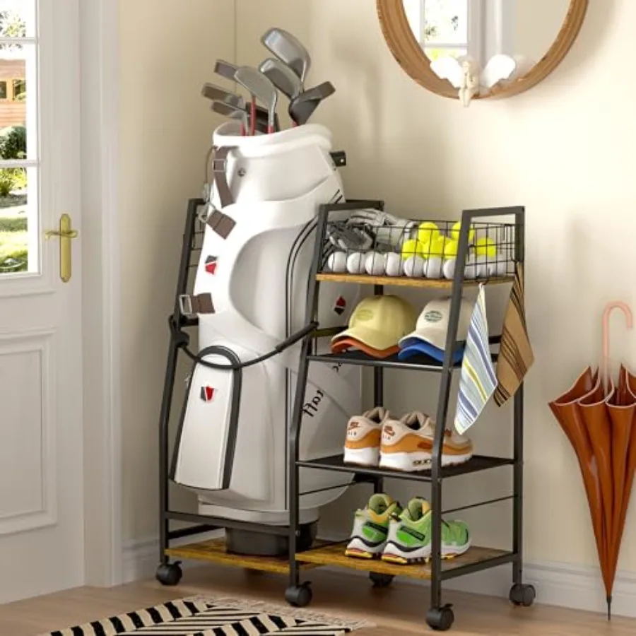 

Golf Bag Garage Storage Rack with Wheels Organizer for Single Golf Bag and Equipment Accessories Ideal for Home Garage Club She