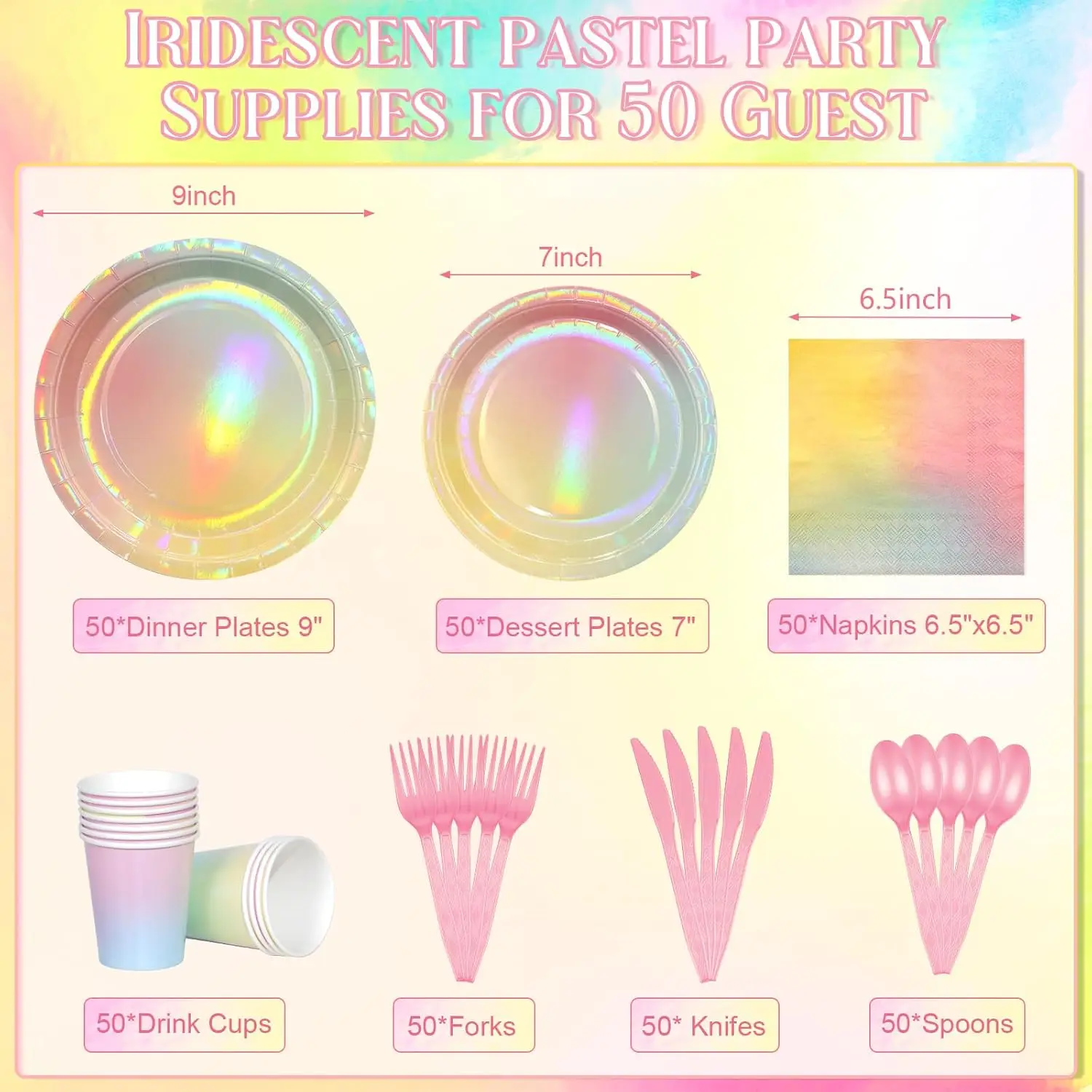 Iridescent Pastel Rainbow Party Decorations Serve 50, Holographic Pastel Paper Plates And Napkins, Disposable Iridescent