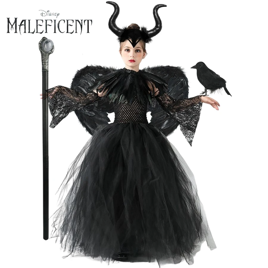 

Kid Maleficent Black Gown Halloween Costume Gothic Dark Witch Queen Girls Tutu Dress with Feather Cape Evil Queen Fairy Costume