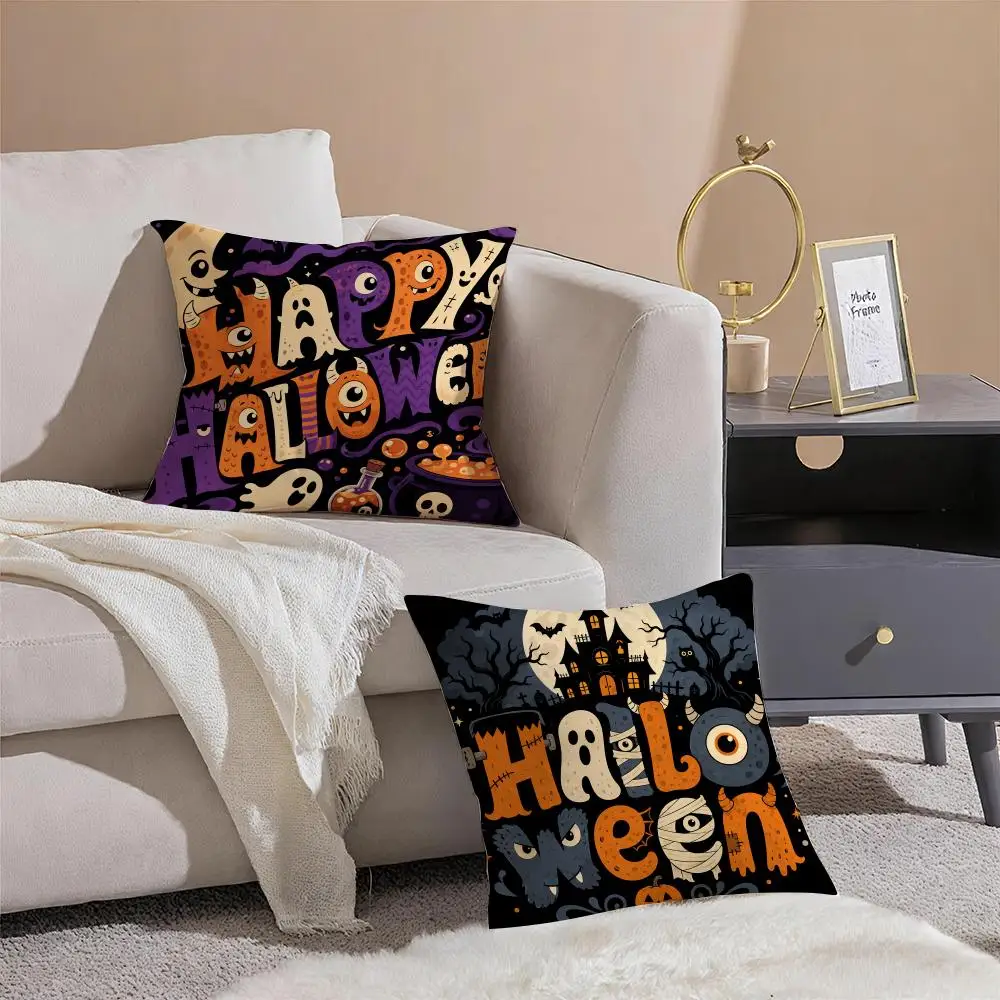 Halloween Typography Cushion Cover Pillowcase Short Plush Invisible zipper Room Sofa Cushion Cover