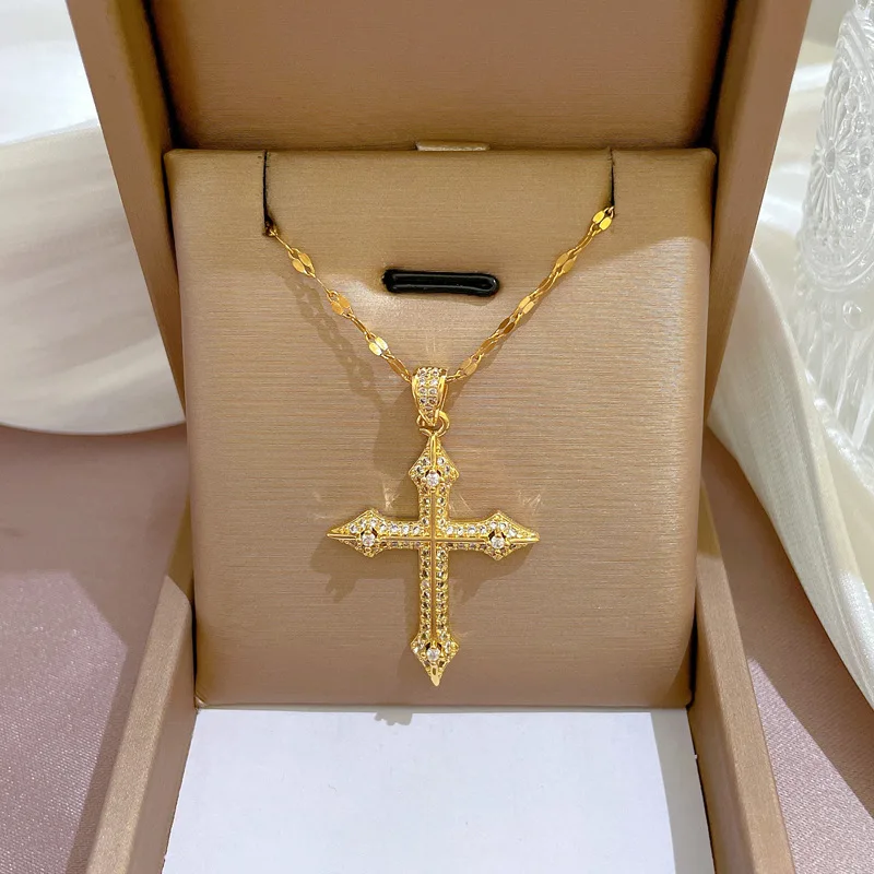 Punk Cross Copper Inlaid Zirconia Pendant Charming Fashion Party Decoration Elegant Stainless Steel Chain Romantic Gift