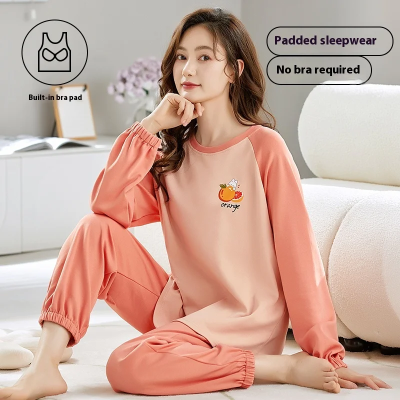 

Весенне-осенний тонкий хлопковый топ с длинными рукавами и брюки, одежда для сна, женский пижамный комплект с буквенным принтом и накладкой на грудь для женщин, домашняя одежда