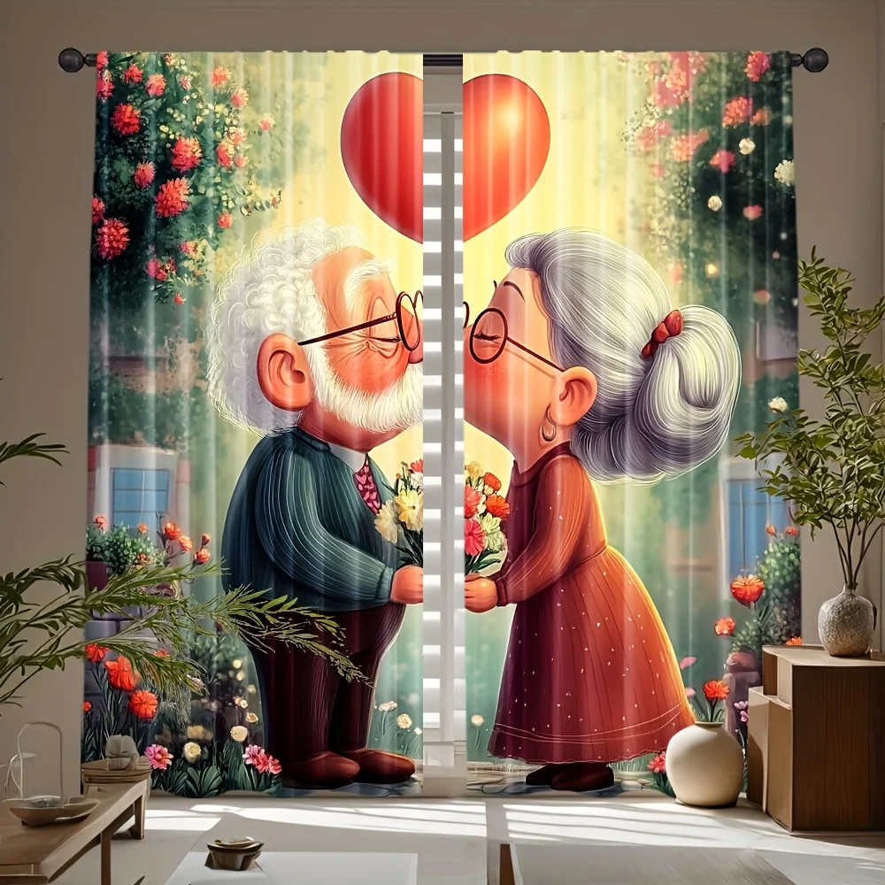 

2pcs Elderly Couple Love Curtains Romantic Garden Print Blackout Drape Living Room Bedroom Window Treatment Home Decor