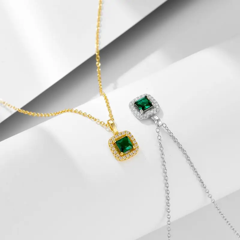 

New Product 925 Sterling Silver 5*5mm Square Shape Synthetic Emerald Pendant Necklace Fine Jewelry
