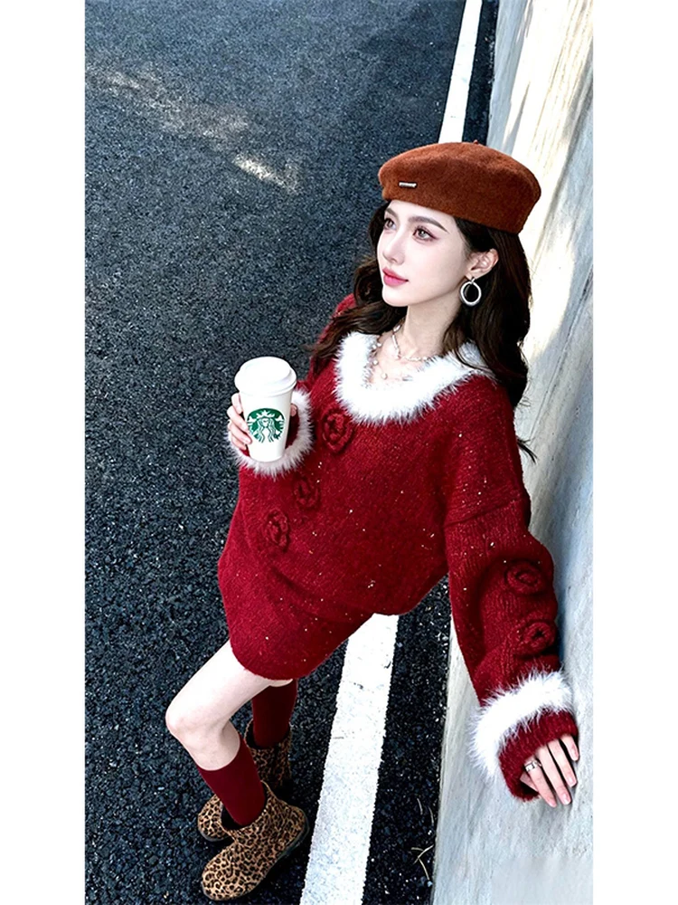 레드 니트 플러피 배틀 로브 시사스 겨울 2026년 플로럴 티피스 세트 하이 웨이스트 오트 스커트 롱 스웨트