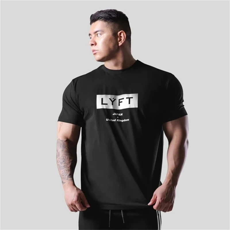 M-4XL High Elasticity Letter Print Gym Sport Running Workout T shirt Fitness Bodybuilding Shirts Male Training Cotton Tees Tops