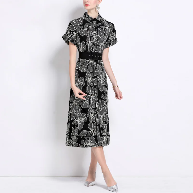 HKSH صيف جديد المرأة الفرنسية مزاجه أنيقة Ins بدوره إلى أسفل طوق مطبوعة الخصر Cinching واحدة الصدر فستان طويل HK6334