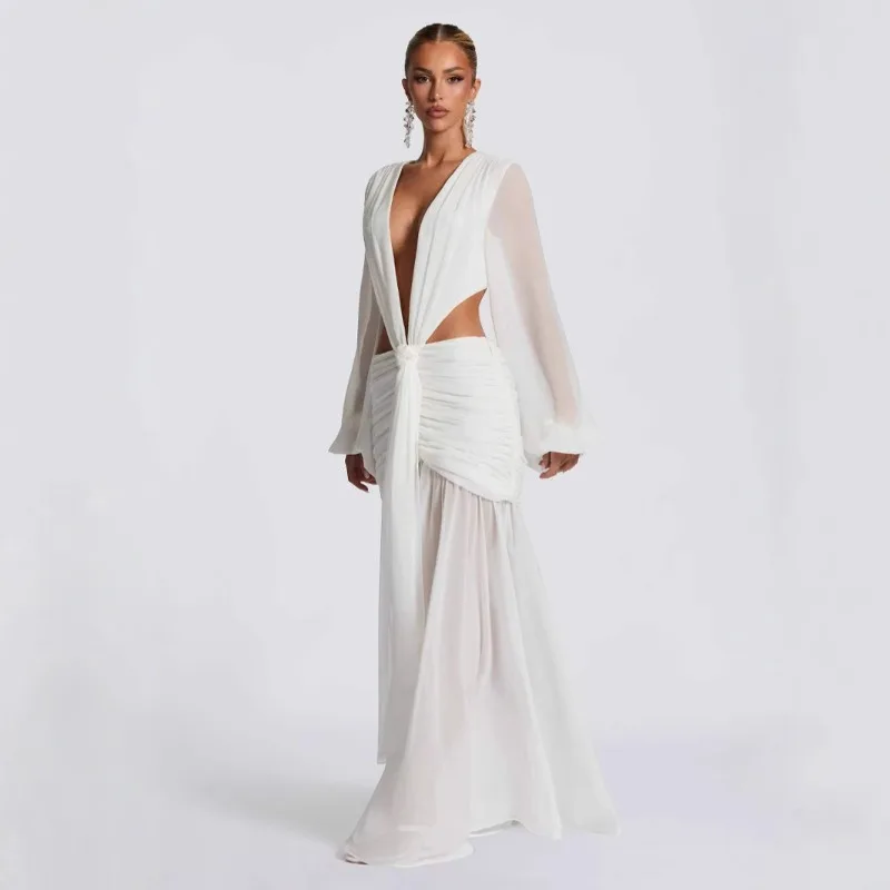 Neue Herbst Plissee Lose Backless frauen Kleid Sexy Unregelmäßige Solide Tiefem V-ausschnitt Langes Kleid Elegante Langarm Hohl Prom Kleid