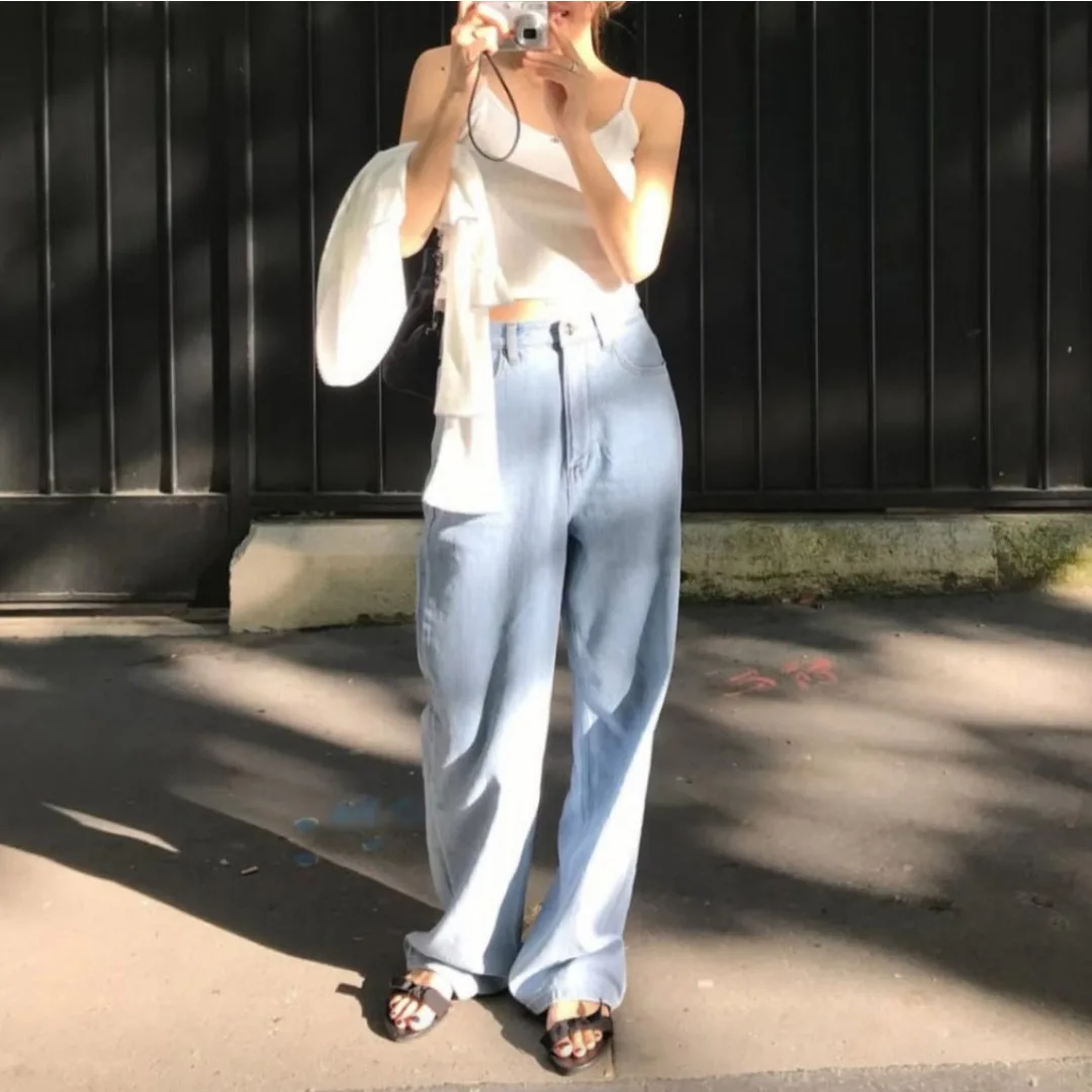 

Slimming High Waist Straight Leg Tannat Denim Pants Women's Pure Color Summer New Arrival Dongda Gate Sle Casual Faion