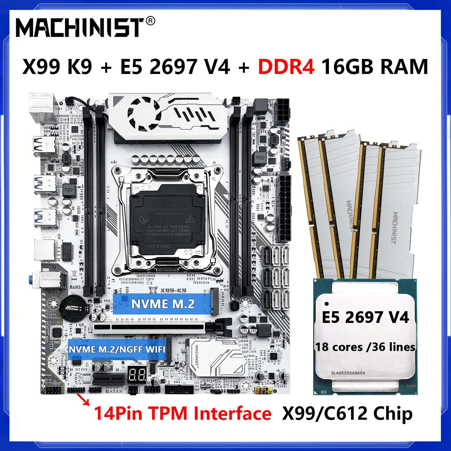 Zestaw płyty głównej MACHINIST X99 K9 LGA 2011-3 z procesorem Xeon E5 2697 V4, pamięć RAM DDR4 32GB, obsługa czterech kanałów pamięci, interfejs TPM