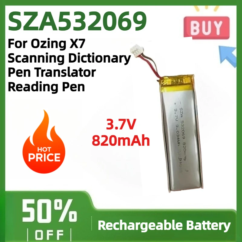 Replacement Battery SZA532069 3.7V 820mAh for Ozing X7 Scanning Dictionary Pen Translator Reading Pen Rechargeable Battery Pack