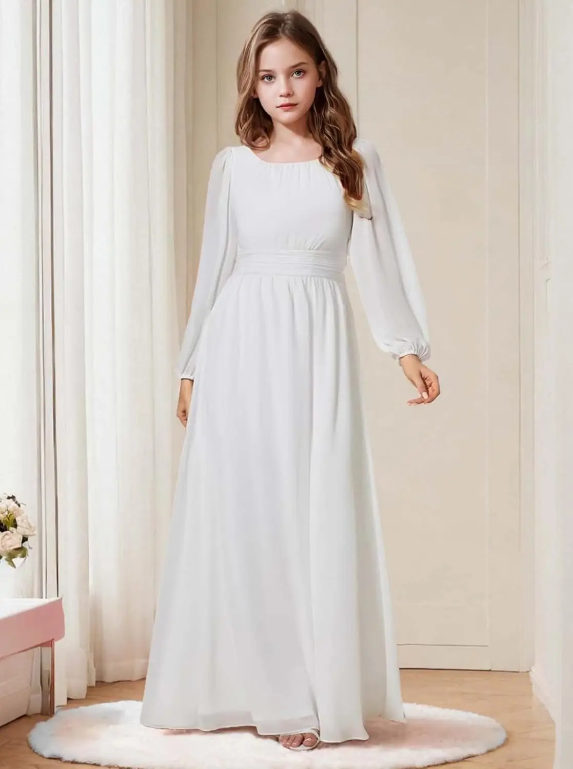 A라인 주니어 브라이드메이드 드레스 긴 소매 소녀 정장 플라워 걸 드레스 첫 영성체 드레스 소녀 드레스