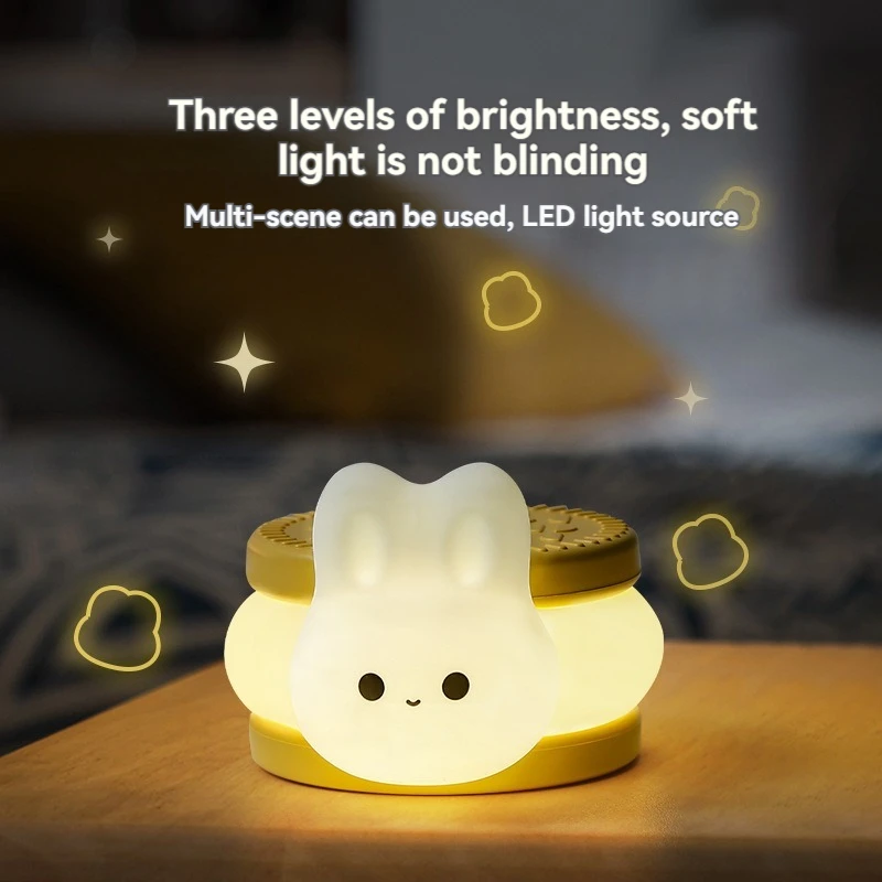 USB Rechargeable Timer Switch LED Night Light Cute Biscuit Rabbit Lamp For Kids Bedroom Dimming Table Pat Lamps Birthday Gift