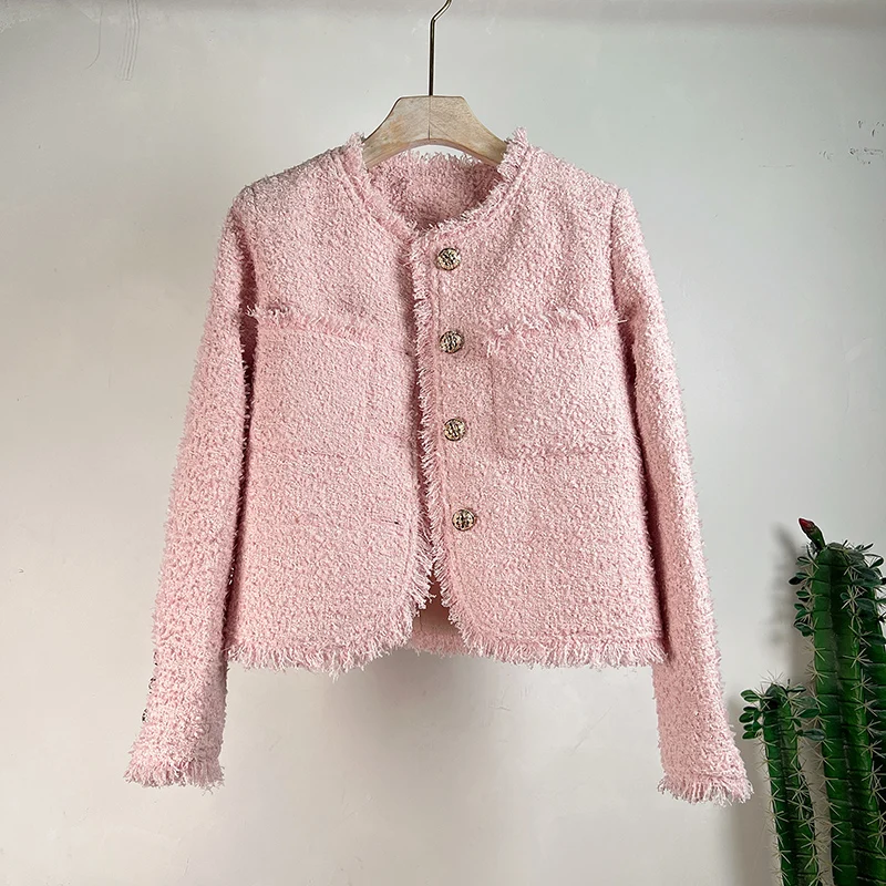 

Round Neck Tweed Long Sleeve Pink Women Coat High Quality Simple Casual White Small Fragrance Chic Office Lady Short Jacket