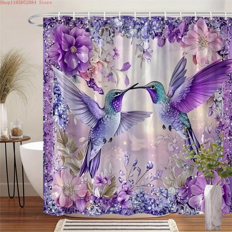 1pc vibrant hummingbirds floral shower curtain -   With Hooks Waterproof Mildew Proof Easy Install Washable