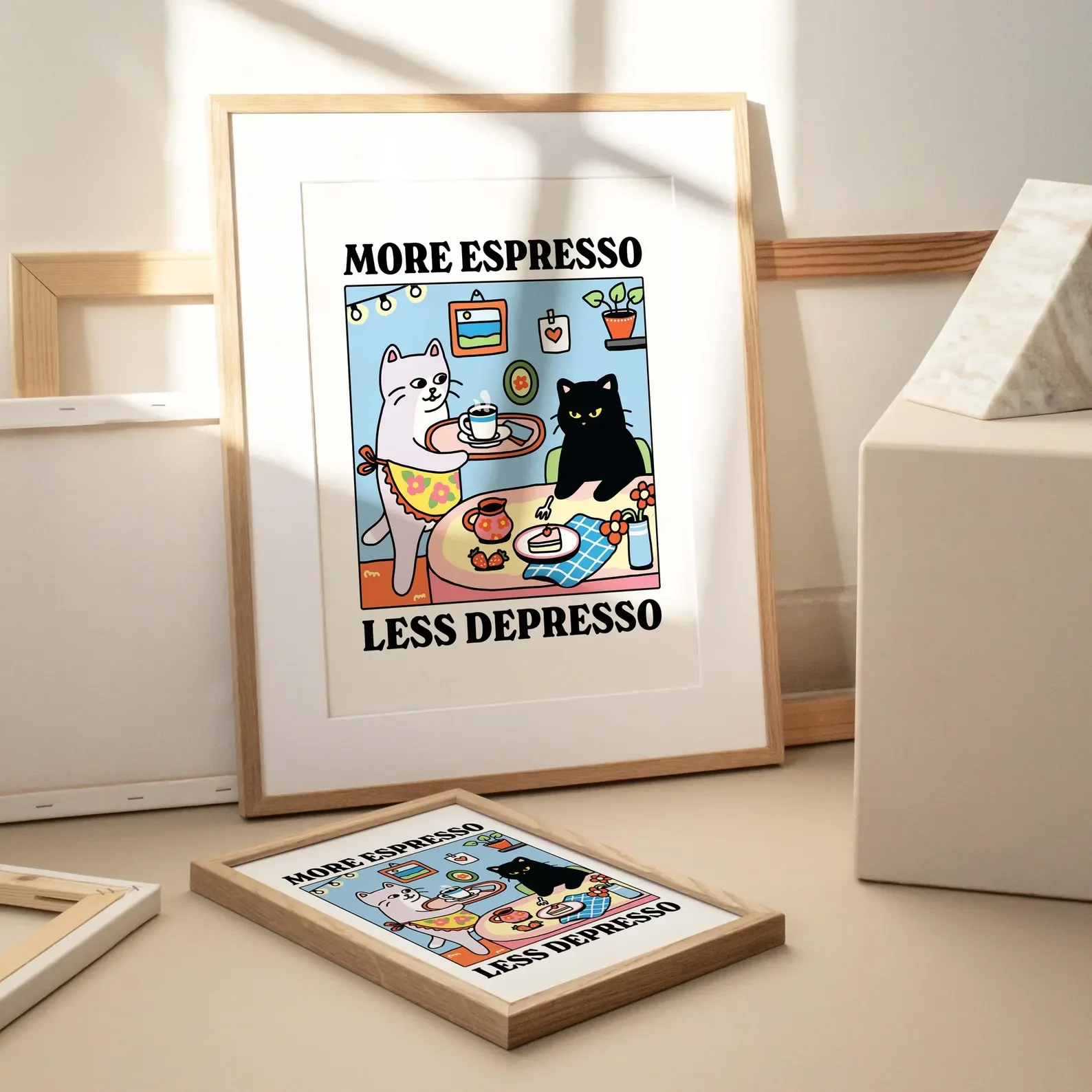 More Espresso Less Depresso Black Cat Wall Print, Coffee Cat Poster, Kitchen Art, Handmade Cat Poster, Coffee Bar, Unique image 4