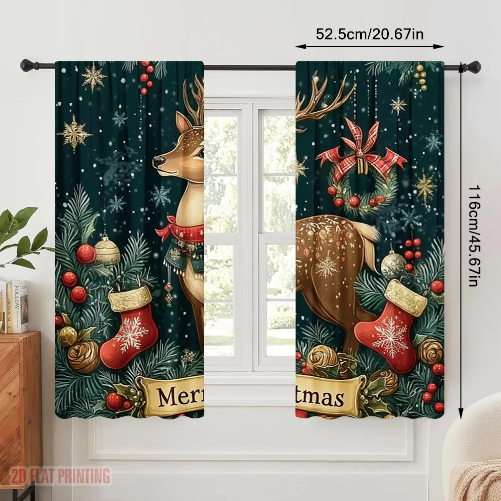 2pcs,2D plane printing Curtains Digital Printed Christmas Deer Festive Ornament (2) Versatile Polyester (without rod) Art Deco