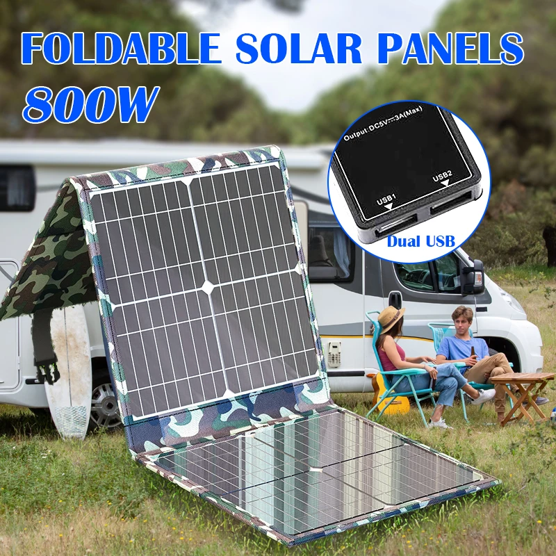 800W Solar Charger, Foldable Design with 12V Battery Station & 5V USB – Charge Phones, Laptops, & More for Camping, Hiking
