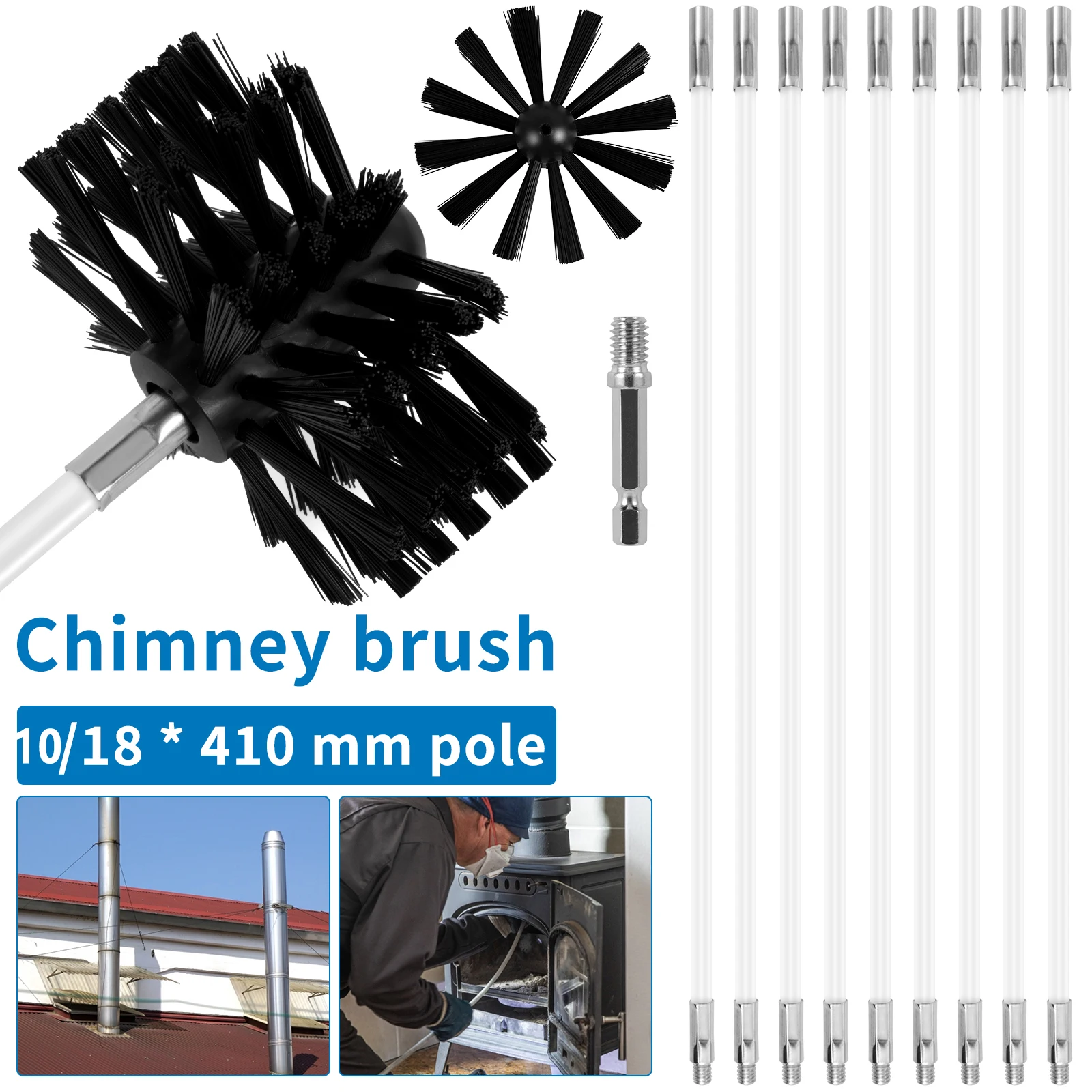 Chimney Cleaning Brush 100/150mm Extendable Flexible Dryer Vent Cleaner Soft Bristle Kitchen Air Duct Cleaning with 18/10 Rods