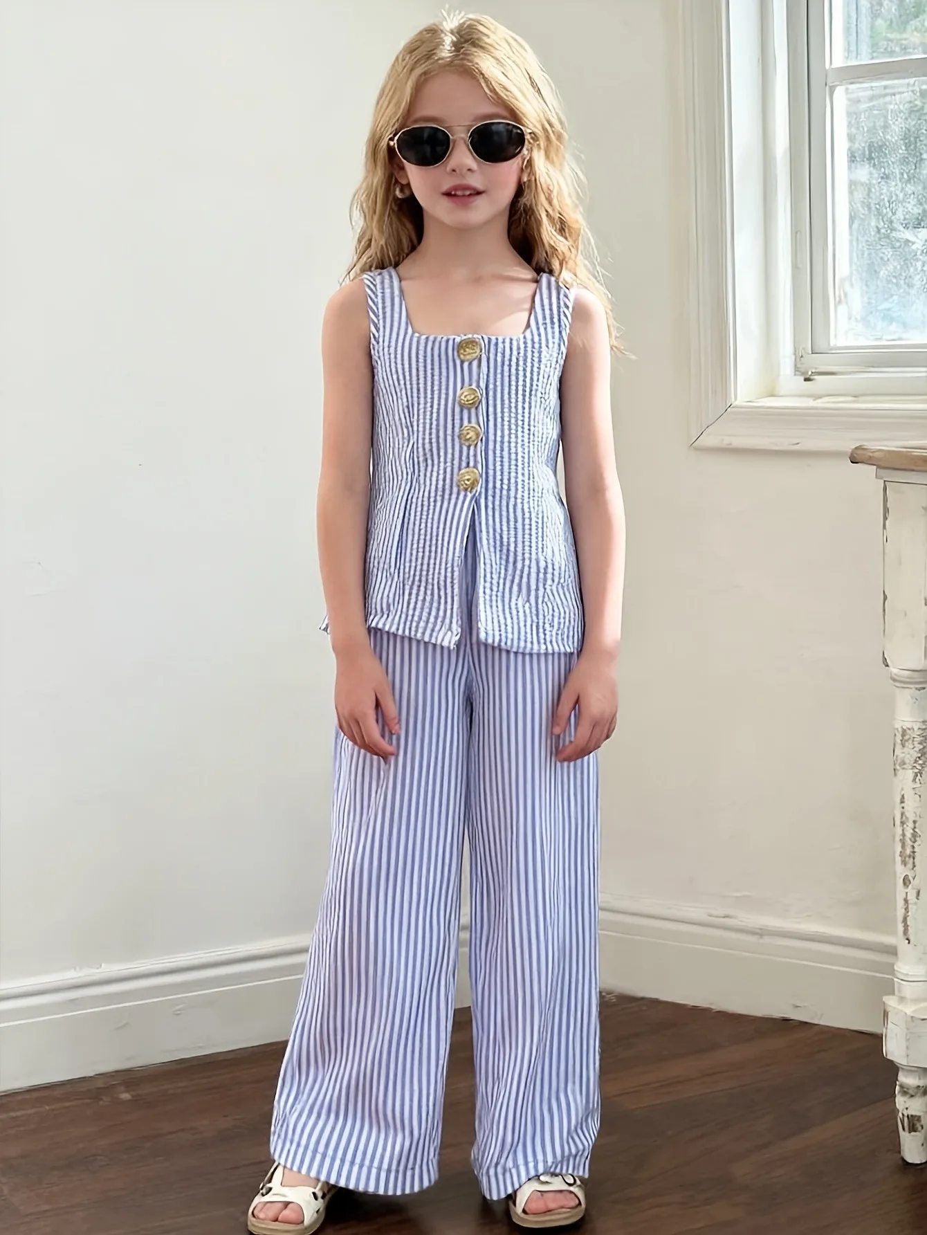 Kids Girls 2-Piece Striped Square Neck Sleeveless Top & Wide Leg Pants Set Summer Casual Preppy Co-ord Outfit