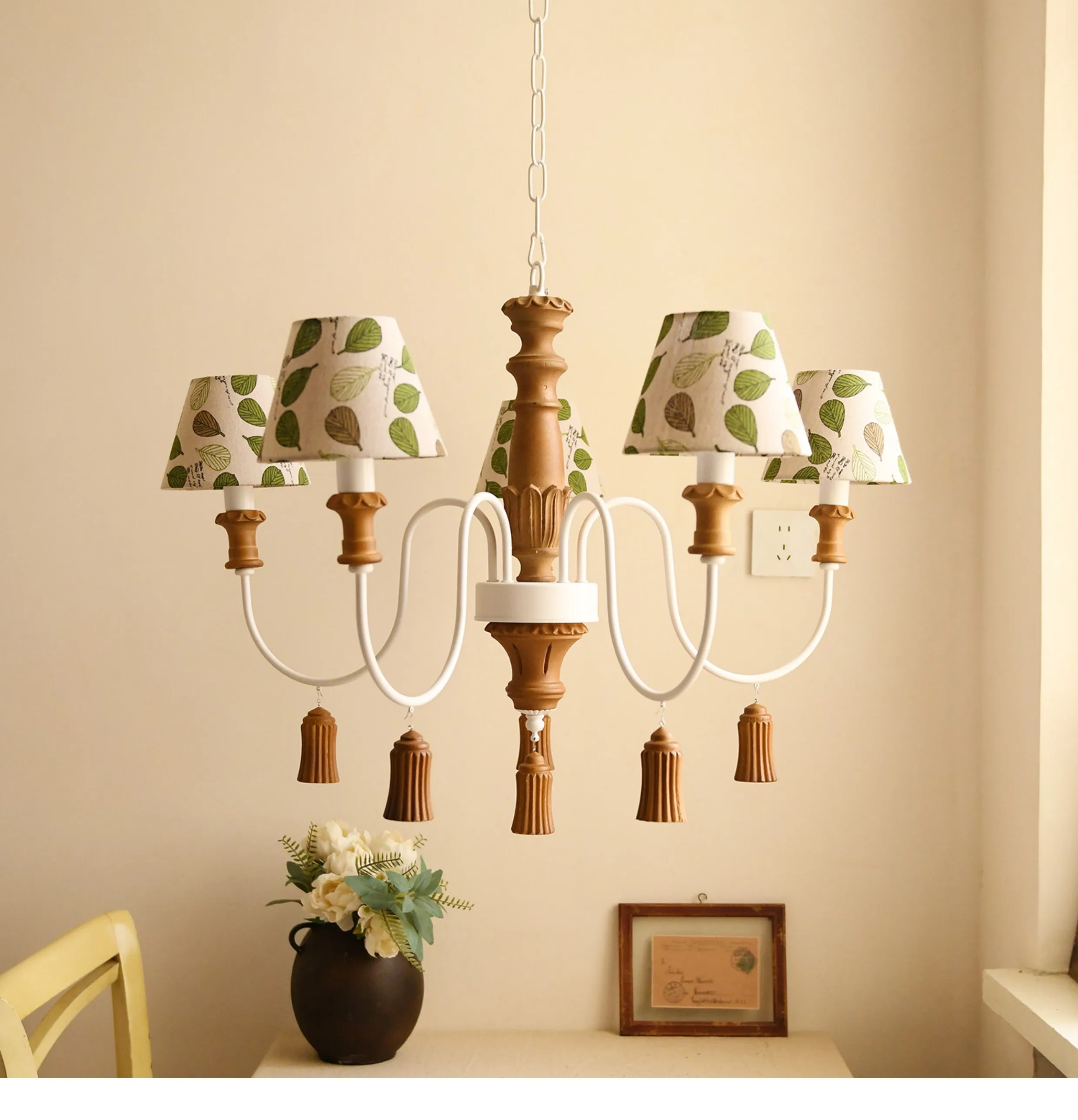 France Fresh Style Chandelier, 5-Light Modern Pendant with White Green Fabric Shades For  Kitchen Island, Dining Table Living