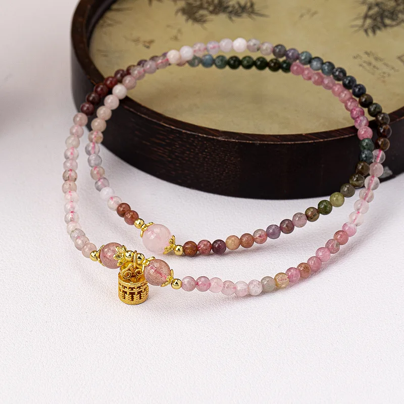 Colorful Tourmaline Bracelet for Women, Irregular High-end Niche Three-circle Rainbow Versatile Abacus Shape Pendant Bracelet