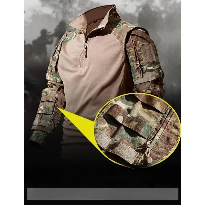 Men\'s Hunting Tactical Suit Outdoor Durable Breathable T-shirt Cargo Pants Set Waterproof Suits Multiple Pockets Camo 2 Pcs Set