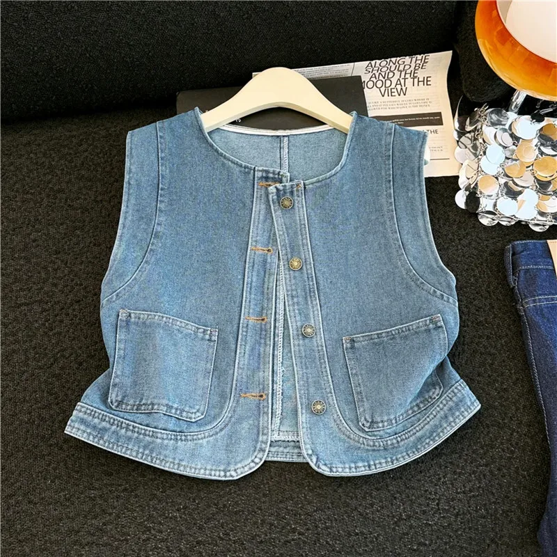 

Summer Women Slim Short Denim Vest Vintage Washed Blue Round Neck Single-Breasted Sleeveless Cowboy Waistcoat Female Jeans Vest