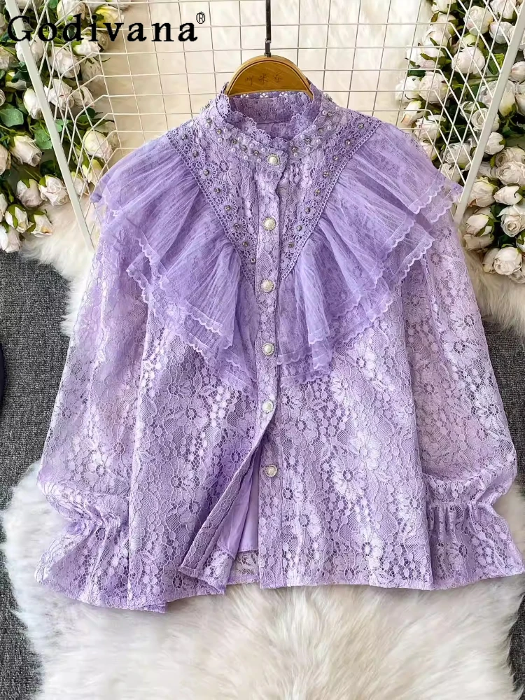 

French Heavy Industry Diamond Stand-Up Neck Long Sleeve Lolita Shirt Women Summer Court Lace Age Reduction Versatile Ruffles Top