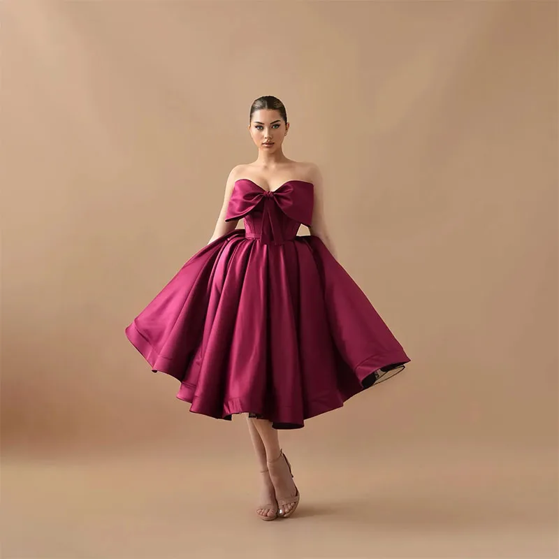 

Fashion Prom Dresses Bow Knot Neck Evening Gowns Ruffles Tea Length Formal Red Carpet Special Occasions Party Dress