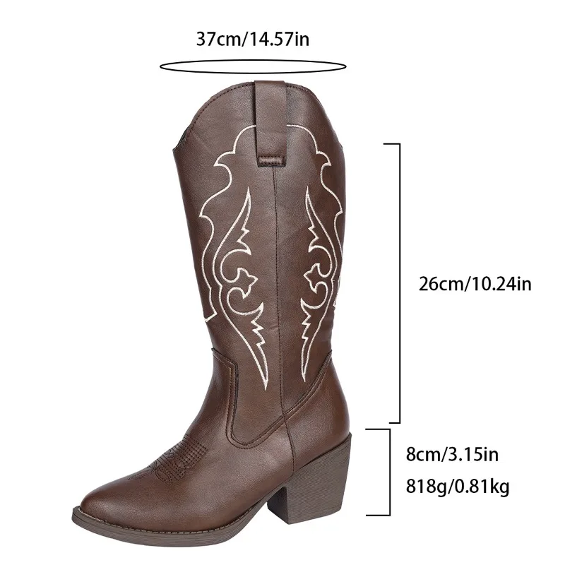 Plus Size 43 Autumn New Women's V-neck Mid-calf Boots Retro Pointed-toe Embroidered High-heeled Western Knight Boots for Women - view 5