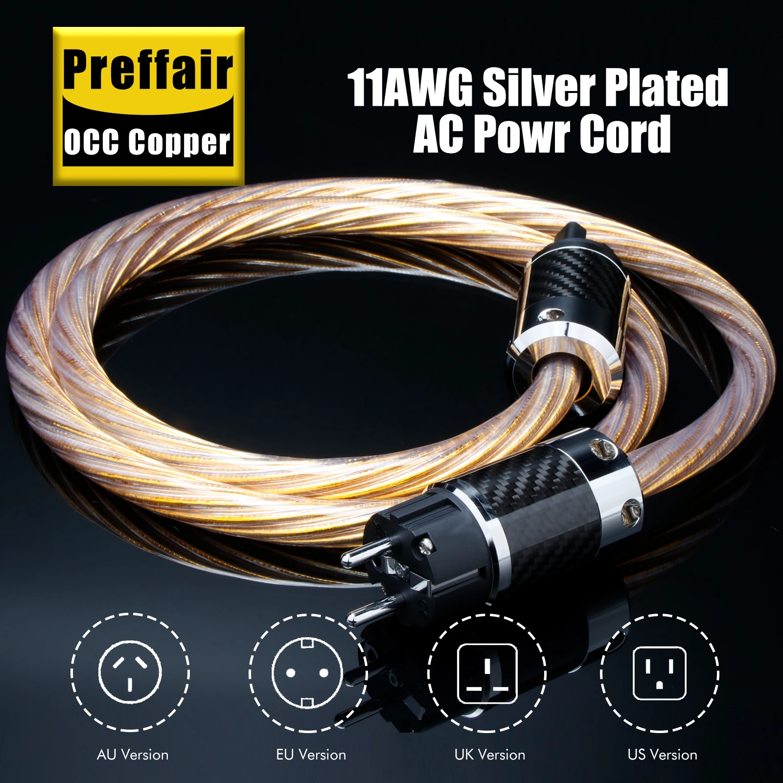 

Hifi Power Cable 11AWG OCC Silver Plated AC Power Cord Audiophile Wire Braid Shielding with Carbon Fiber IEC320/20A Connector