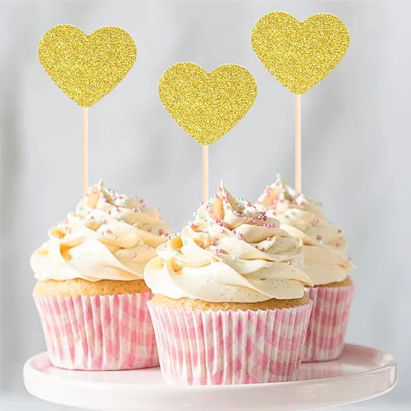 10Pcs20Pcs30Pcs Signature Golden Heart Cake Toppers, Valentine's Day Birthday Choice, Wedding Anniversary Celebration, Birthday Party, Graduation Party