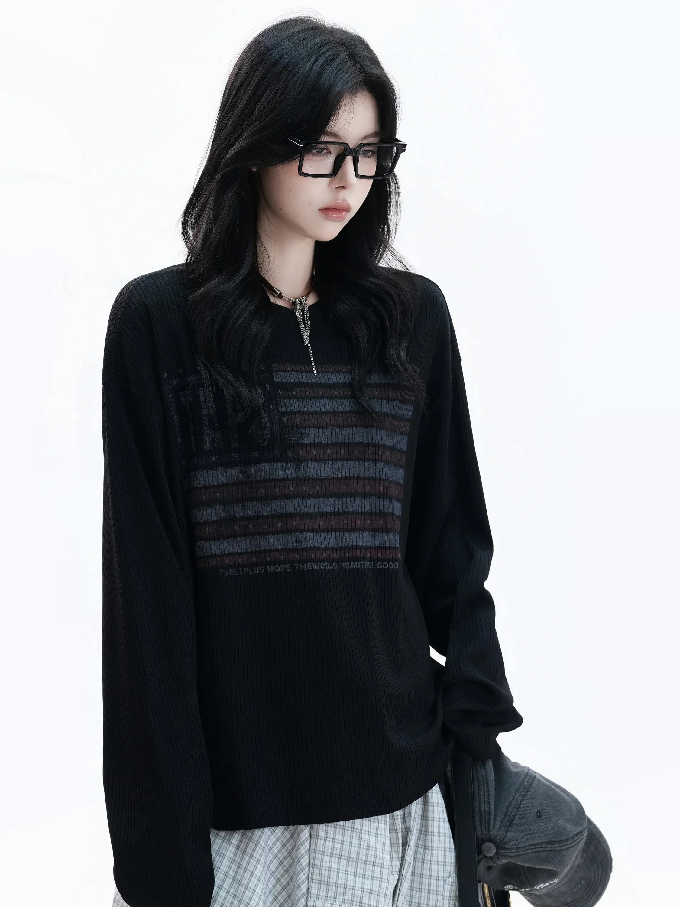 Loose Unisex Long Sleeve T-Shirt American Trend Stripe Flag Design Casual Fashion Polyester Spandex Blend Breathable Comfortable