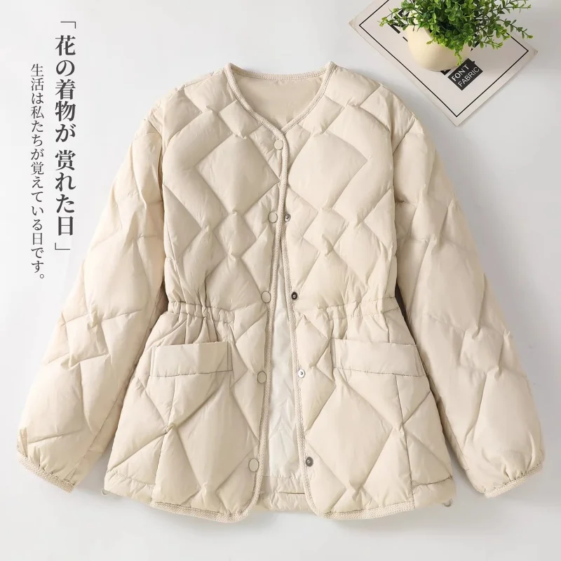 Spring Autumn Lightweight Down Cotton Jacket for Women, Fashionable Collarless V-Neck Design, Solid Color Coat W2183