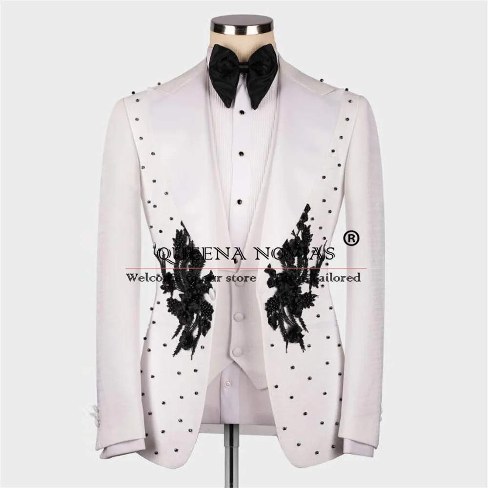 Luxury Groom Wedding Suits Customized Black Appliques Pearls Prom Blazers Man Fashion 3 Pieces Men's Tuxedos traje de hombre