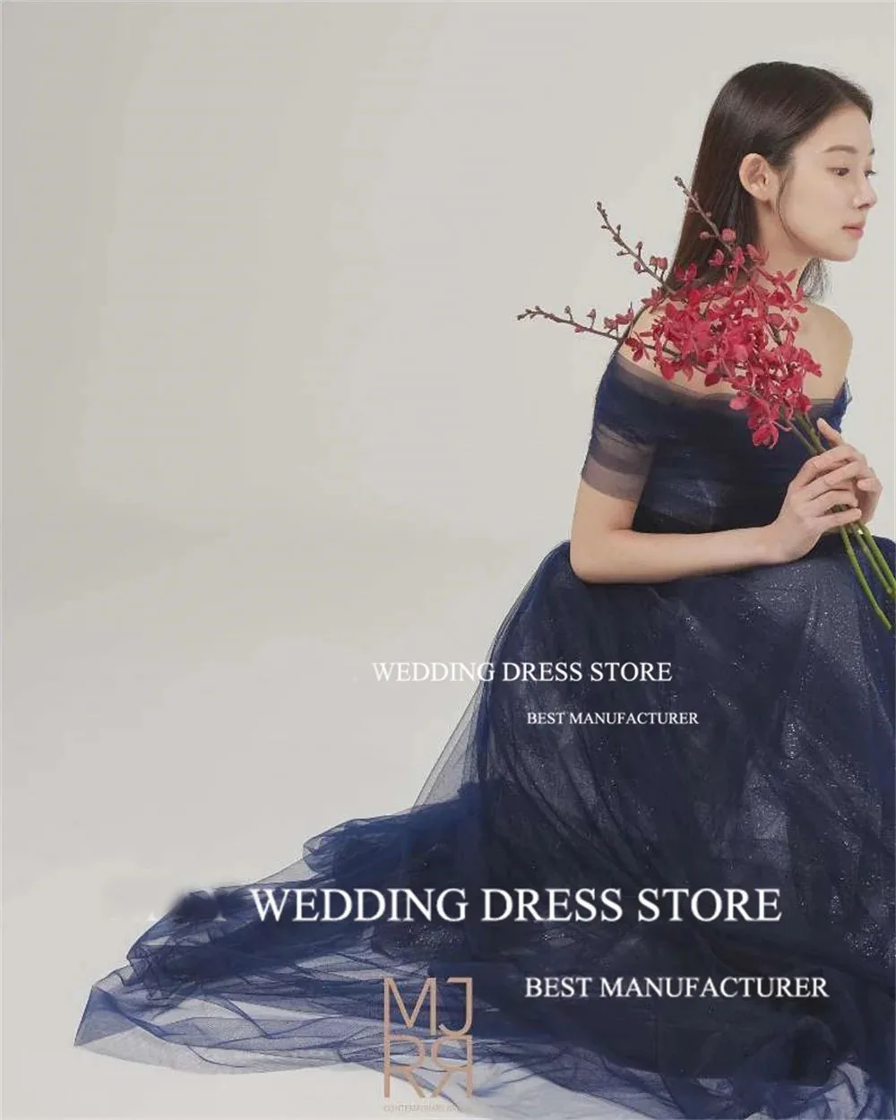 ML Navy Blue Glitter Evening Dresses Customised Off The Shoulder Wedding Photo shoot Lace Up Back A Line Backless Prom Gown