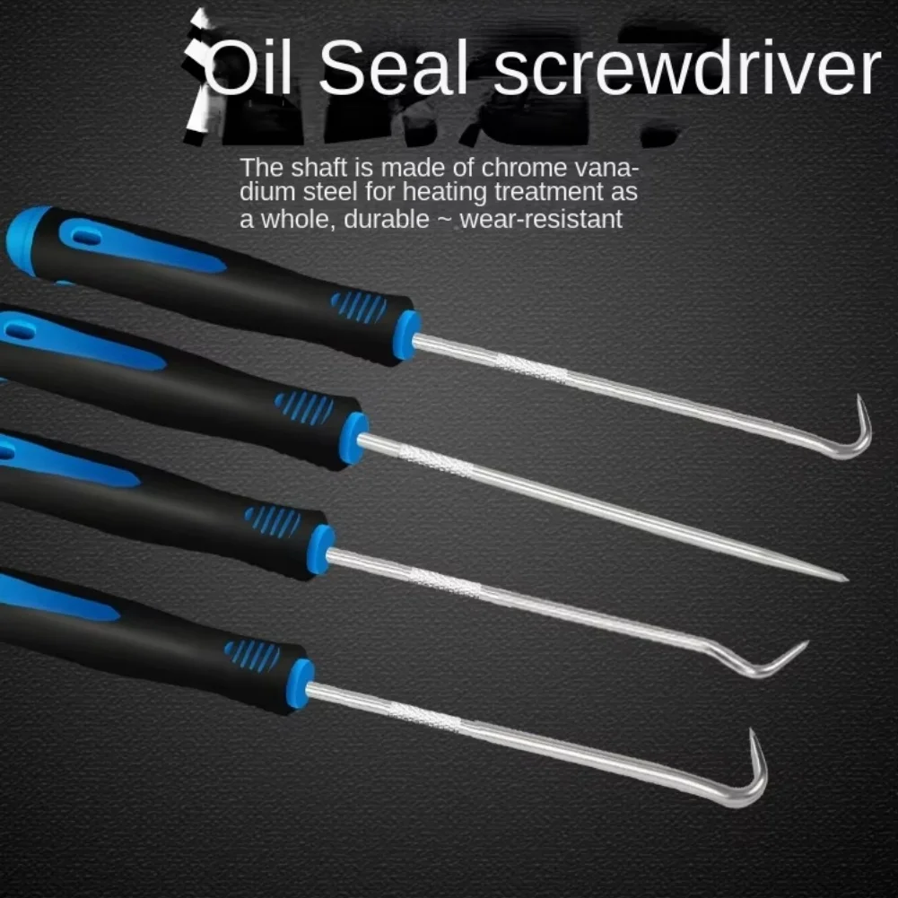 Oil Seal Removal Hook Set with 4 Pieces Including Curved Angled Straight Hooks for Mechanical Prying and Fastener Removal