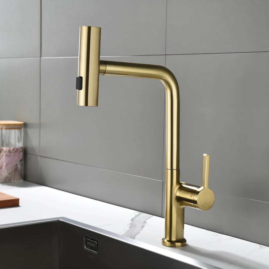 Brushed Gold Pull Out Kitchen Faucet Brass Grey Sink Faucet Mixer Tap Rotation Torneira Cozinha Mixer Taps BlaKitchen Nickel