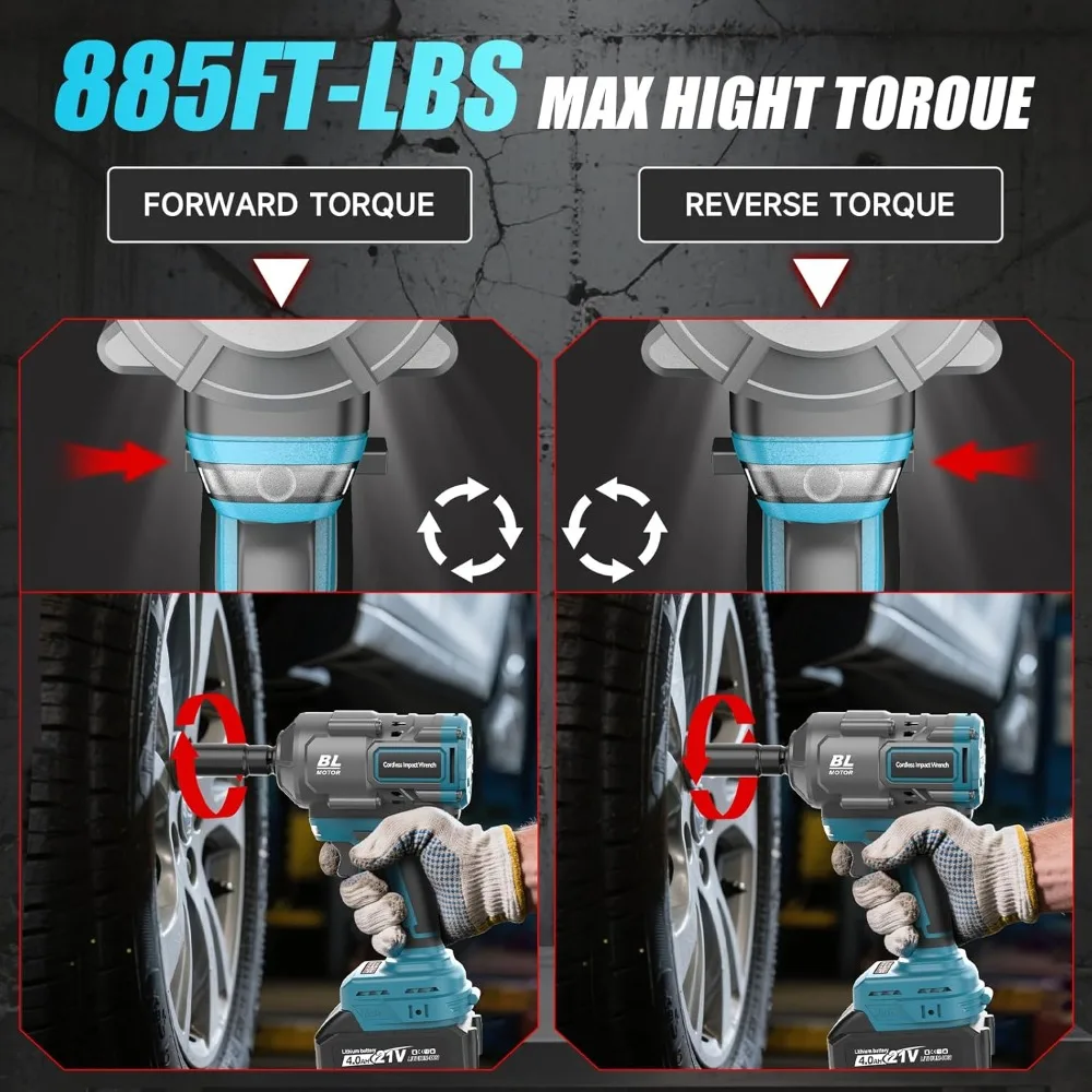 Avvitatore a percussione wireless da 1/2 pollice con 2 batterie da 4,0 Ah, utensile elettrico senza spazzole per un massimo coppia di 885 piedi di libbre (1200 Nm)