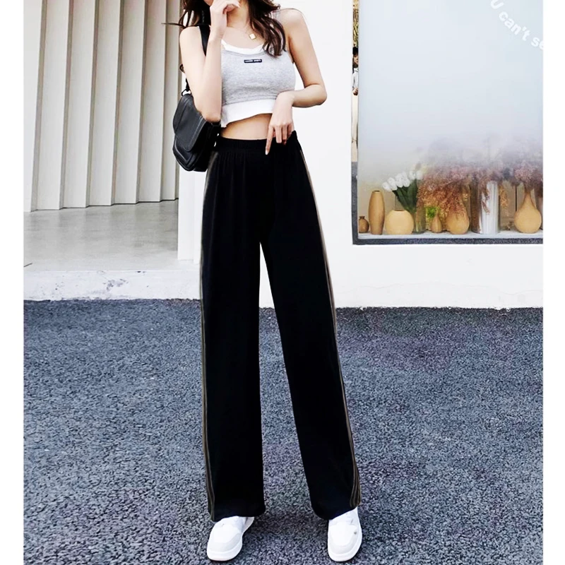 

2024 black striped casual sports trousers women loose straight tube elastic waist wide leg casual trousers