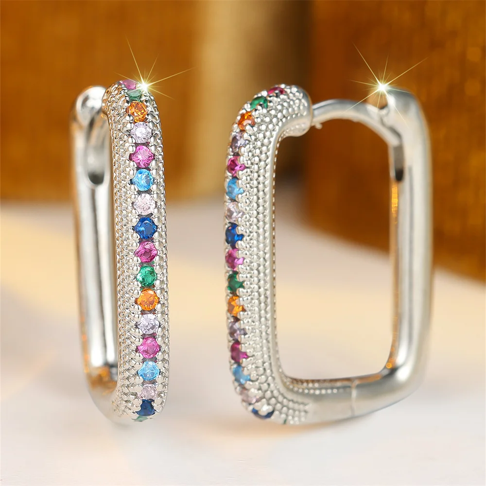 Single Row Small Round Stone Rainbow Hoop Earrings For Women Vintage Gold Silver Color Ear Buckle Wedding Jewelry Valentine Gift - view 5