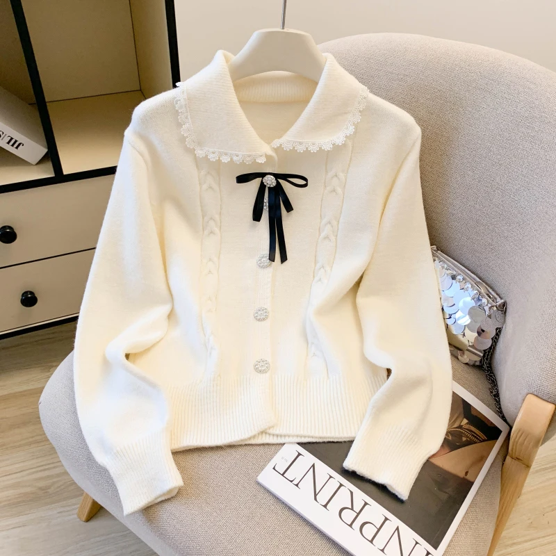 

Вязаный кардиган с милым бантом, женский модный кружевной лоскутный белый свитер, верхняя одежда, корейский трикотаж с длинными рукавами, зимние джемперы