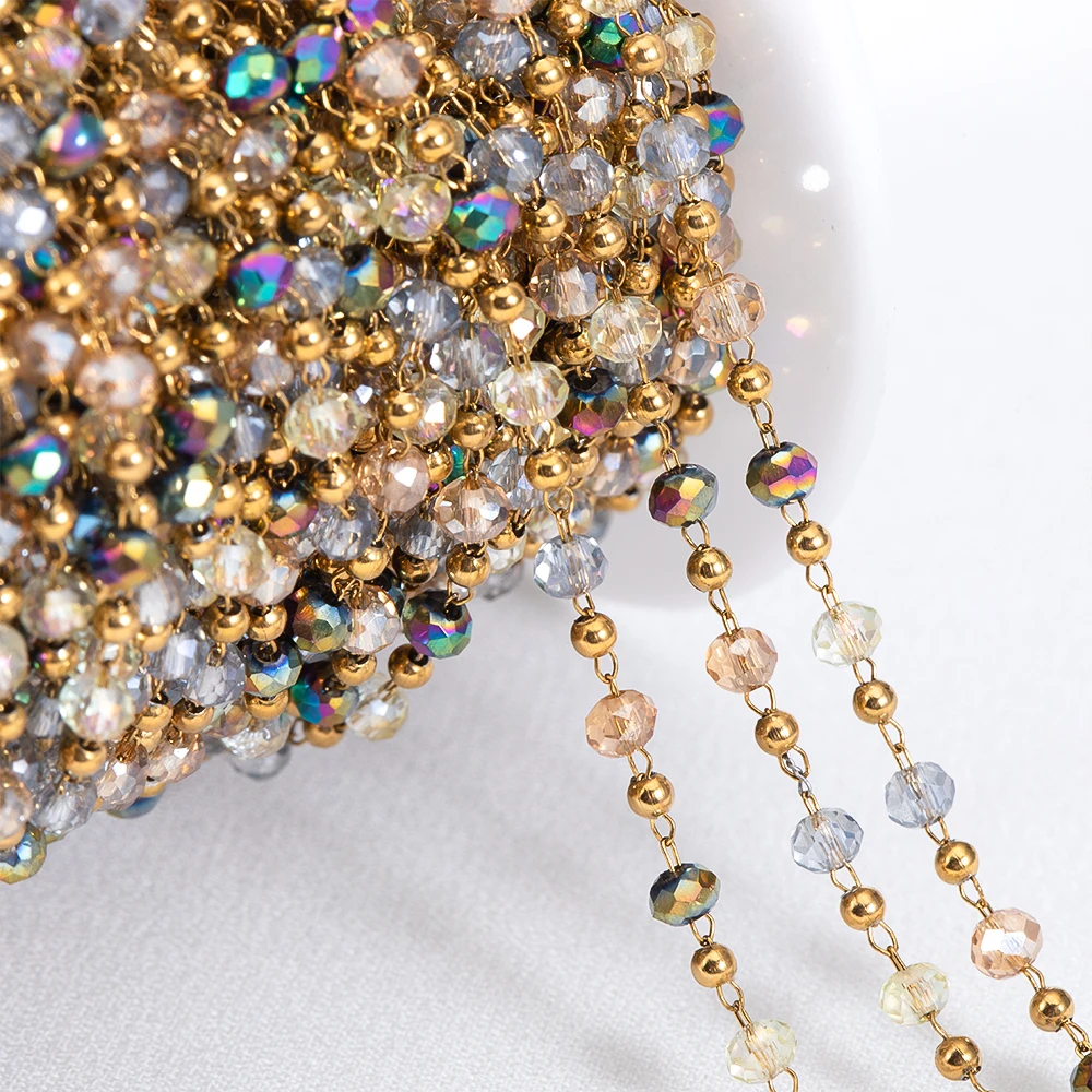 女性のためのステンレス鋼の金メッキチェーン,カラフルなクリスタルビーズのネックレス,ジュエリー作りのためのアクセサリー,1m