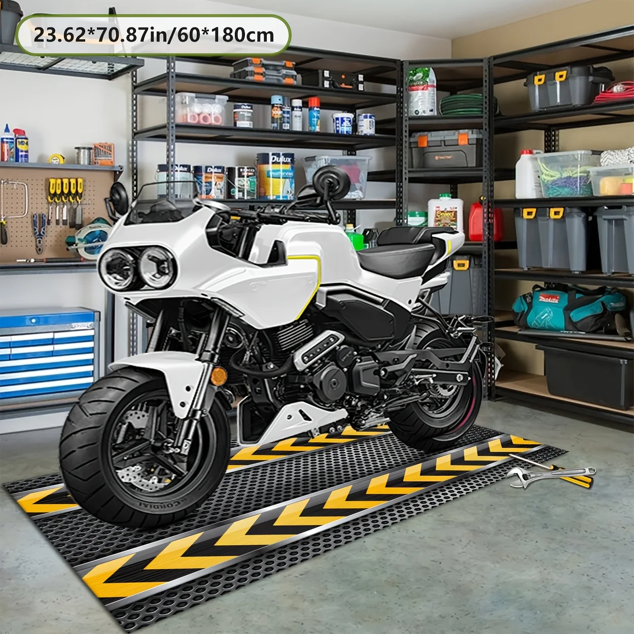 VIKAMA Honeycomb-Patterned Yellow Metal-Finish Carpet with Double Yellow Arrow Design, Racing Motorcycle and Bicycle Display Mat
