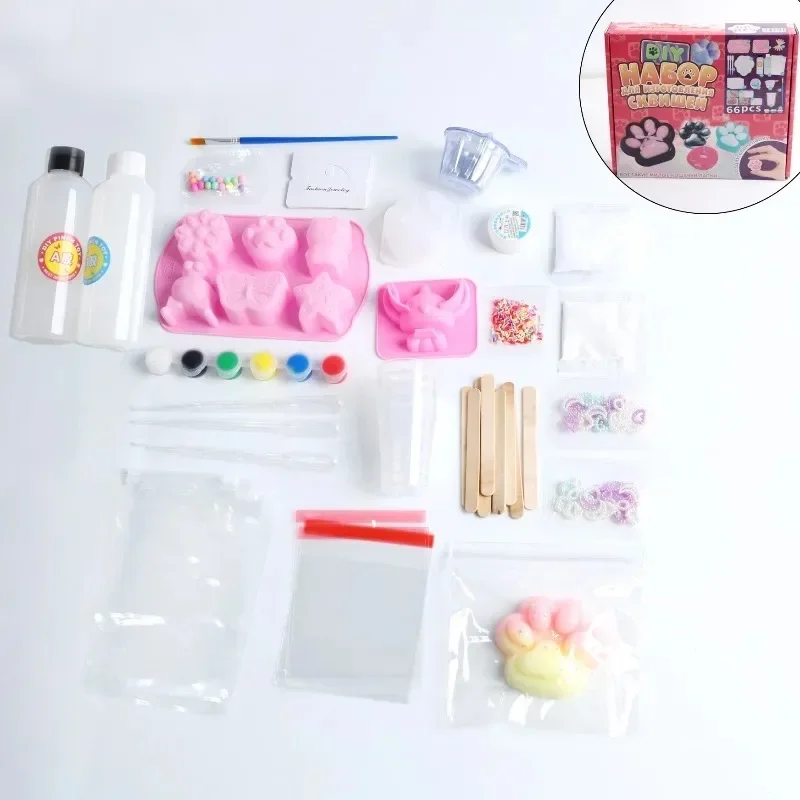 66-teiliges Flüssigsilikon DIY Squishy Set Kawaii Katzenpfote Cartoon Stressabbau Lernspielzeug für Kinder und Erwachsene