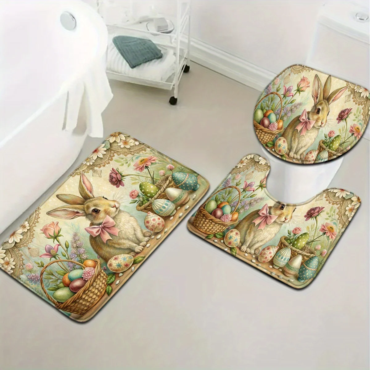

3-Piece Easter Bunny and Floral Egg Basket Bath Mat Set - Soft Flannel, Fade Resistant, Includes Toilet Seat and U-Shaped Mat