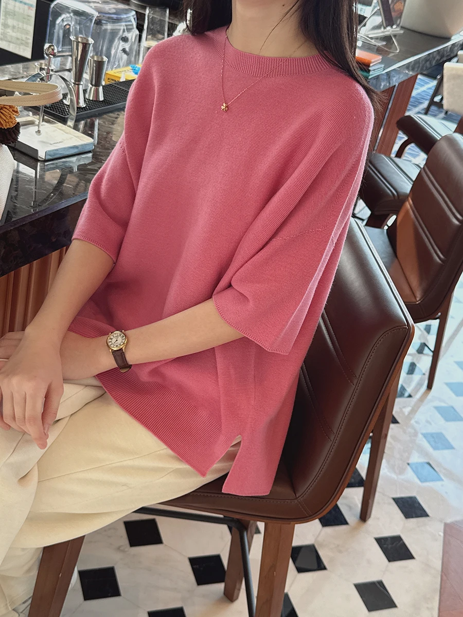 

Универсальный весенний вязаный шерстяной топ свободного кроя с круглым вырезом и коротким рукавом, однотонный, повседневная одежда для женщин